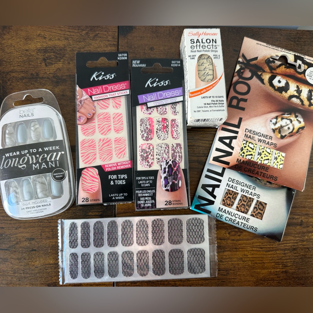 Bundle of 7 Nail Kit Kiss Nail Dress Strips - Pink, Black, Gold Patterns